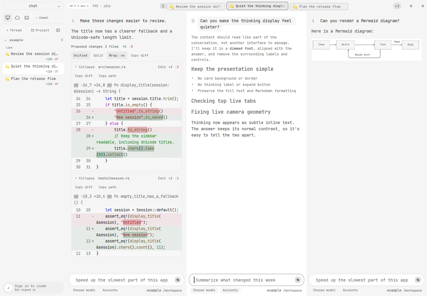 Three sessions in the light theme