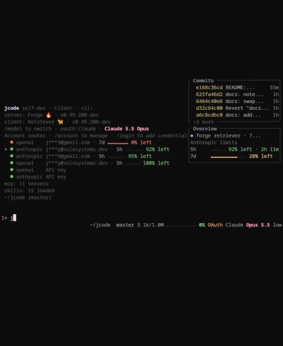 Fresh Jcode session showing the startup header, account usage rows and info widgets