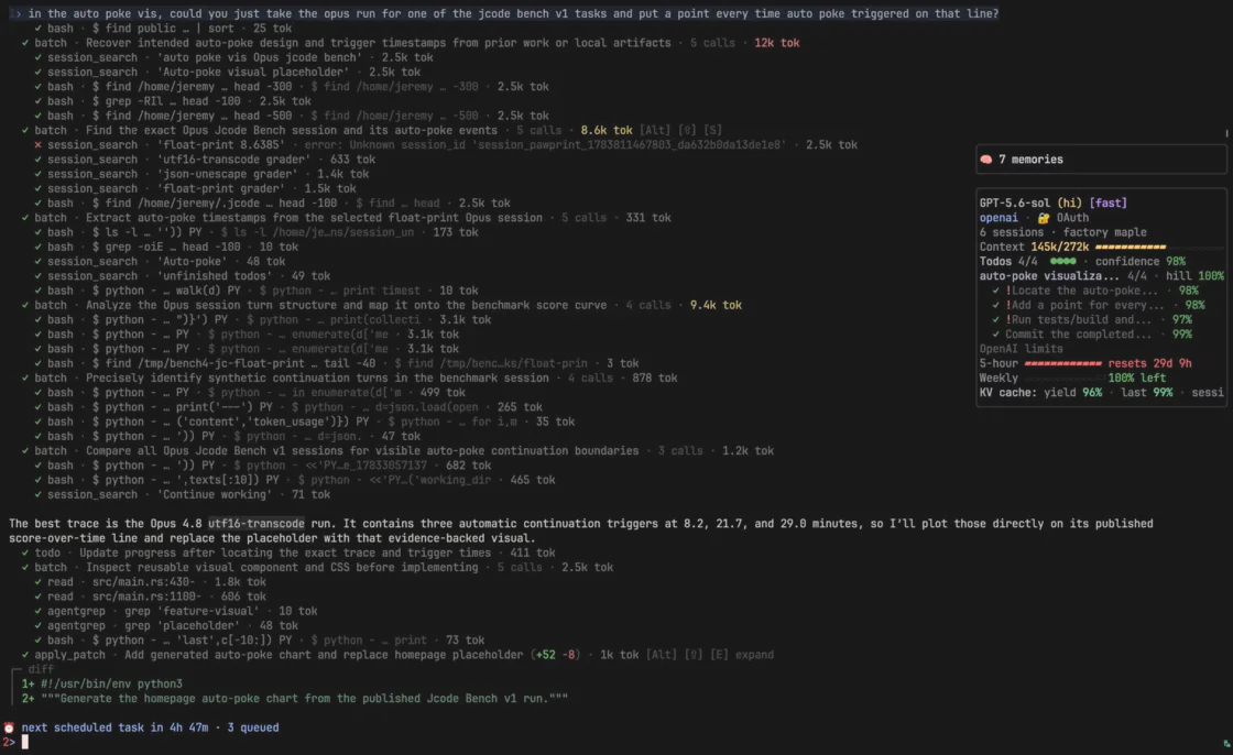 Jcode displaying status and information widgets beside an active terminal session