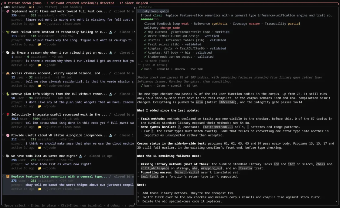 Jcode resume menu listing past sessions beside a preview of the selected session