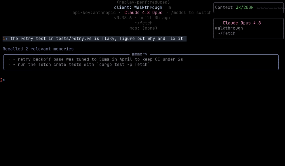 jcode session start: user prompt with two auto-recalled memories injected inline