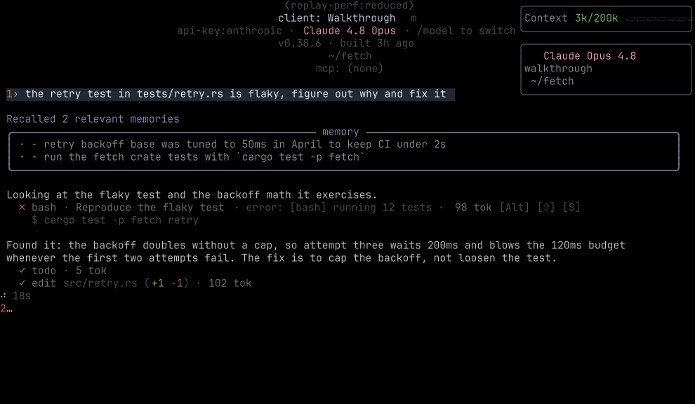 edit tool card showing a one-line diff on src/retry.rs